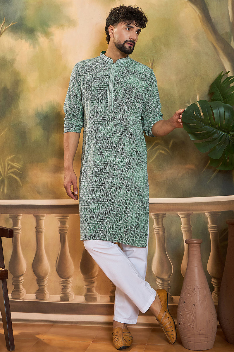 Green Viscose Rayon Shibori Embroidered Straight Kurta with Trouser MKSET1485