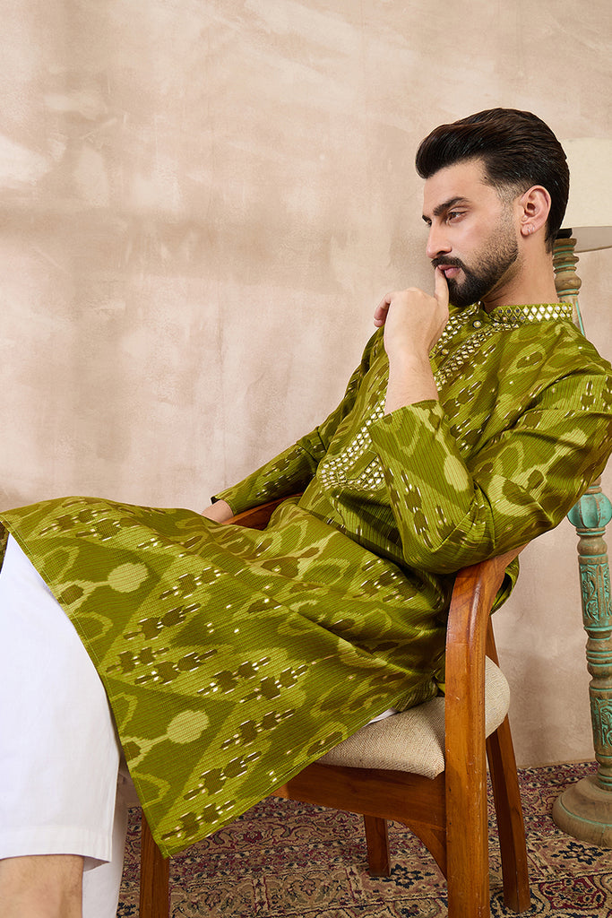 Green Viscose Rayon Chevron Printed Straight Kurta With Trouser MKSET1965