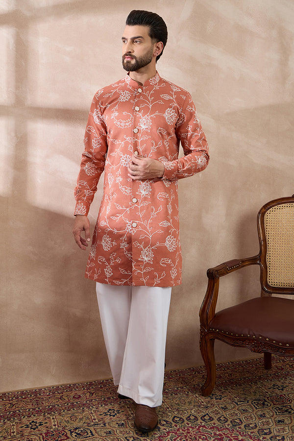 Peach Viscose Rayon Embroidered Mandarin Collar Straight Kurta With Trouser MKSET1989