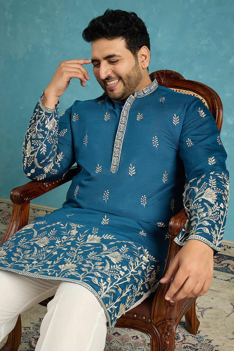 Blue Silk Blend Solid Thread Work Embroidered Kurta MKU1315