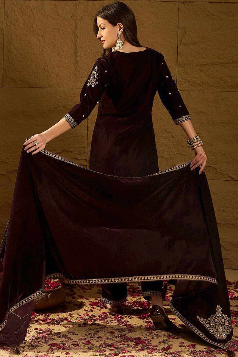 Purple Velvet Solid Embroidered Straight Trousers Suit Set PKSKD2254