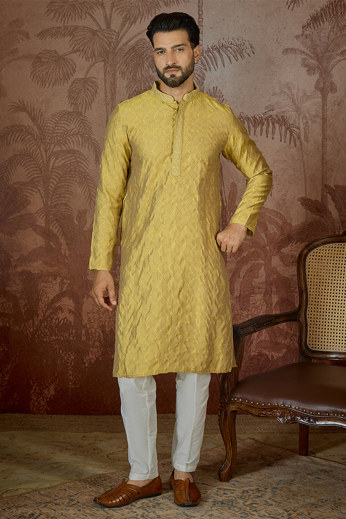 Yellow Jacquard Solid Embroidered Kurta MKU2501