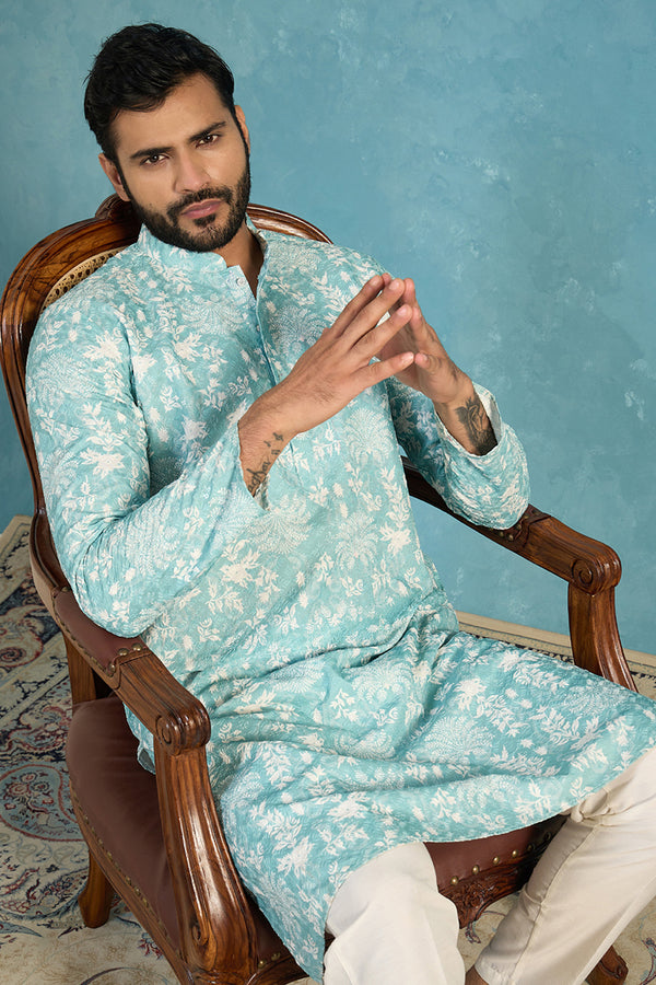 Teal Viscose Rayon Embroidered Calf Length Straight Regular Kurta MKU1765