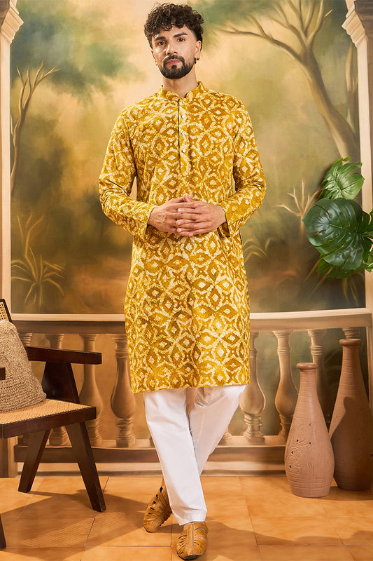 Yellow Cotton Batik Solid Embroidered Straight Kurta MKU1462