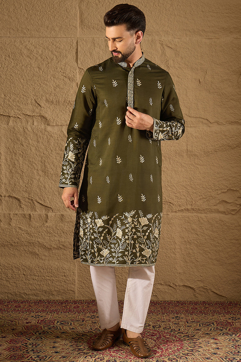 Olive Chanderi Silk Solid Embroidered Straight Kurta with Trouser MKSET1319