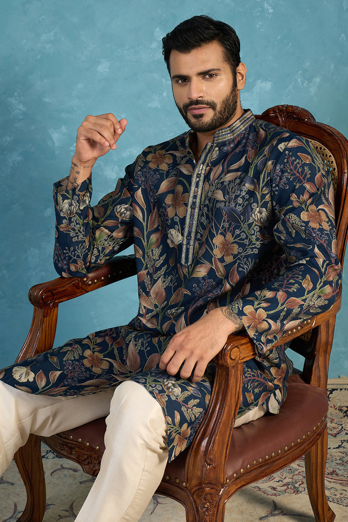 Blue Modal Floral Printed Calf Length Straight Regular Kurta With Trouser MKSET1978