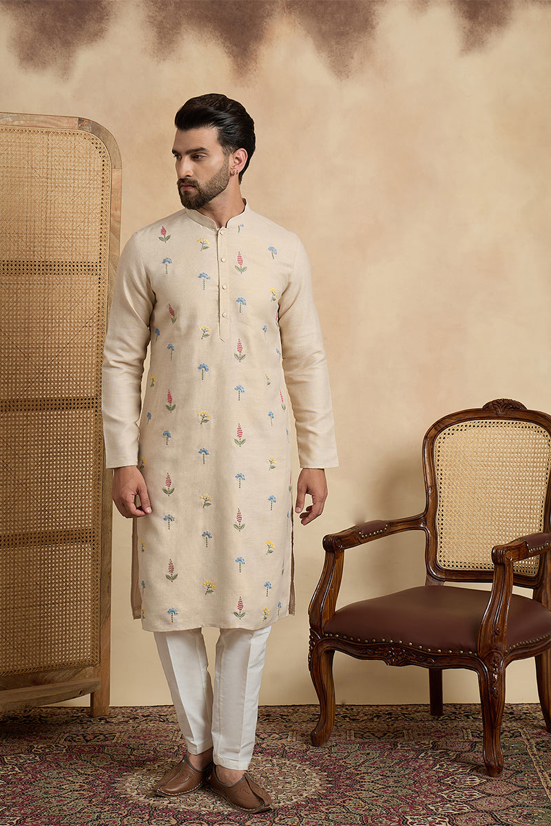 Beige Linen Solid Embroidered Thread Work Kurta MKU2462