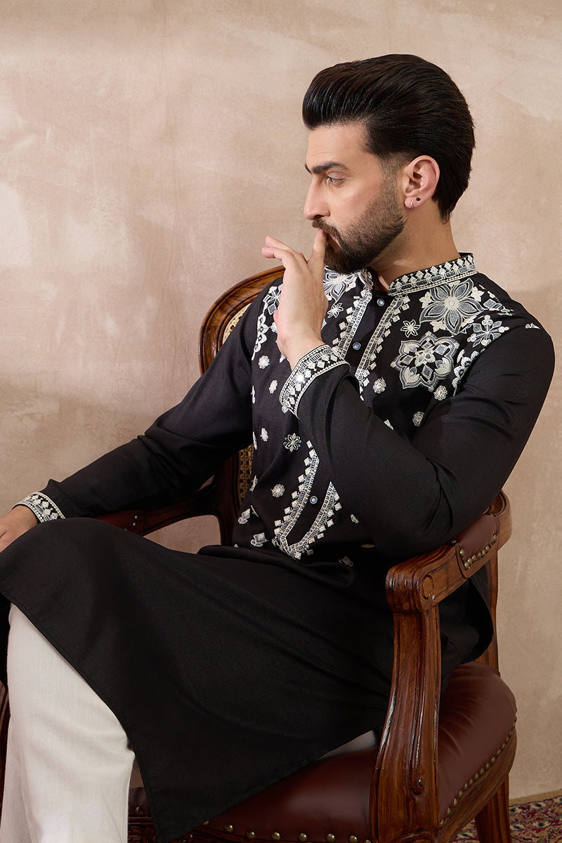 Black Silk Blend Embroidered Mandarin Collar Straight Kurta MKU1884