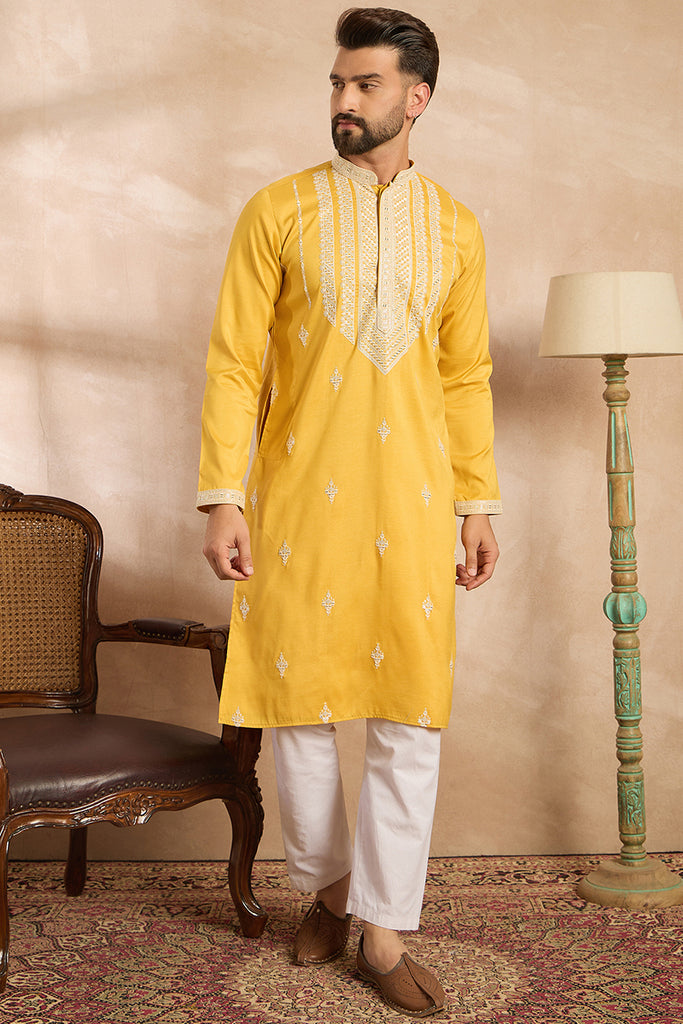 Yellow Silk Blend Geometric Embroidered Straight Kurta With Trouser MKSET1685