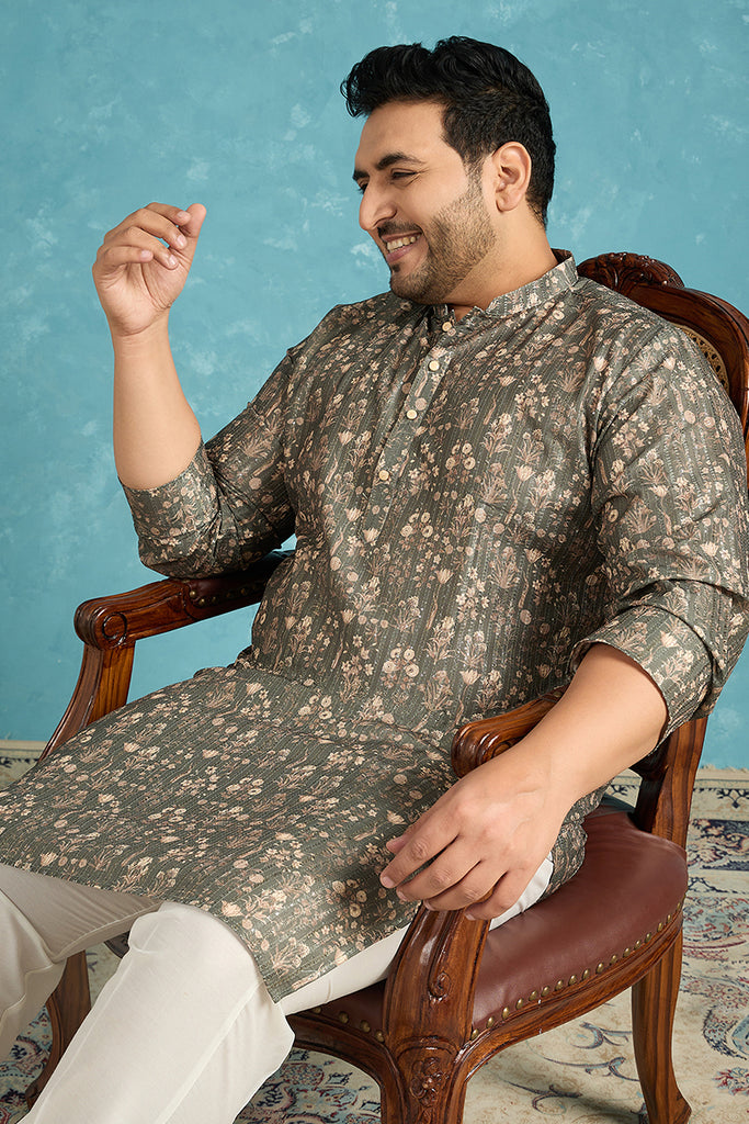 Olive Silk Blend Floral Printed Kurta MKU1911