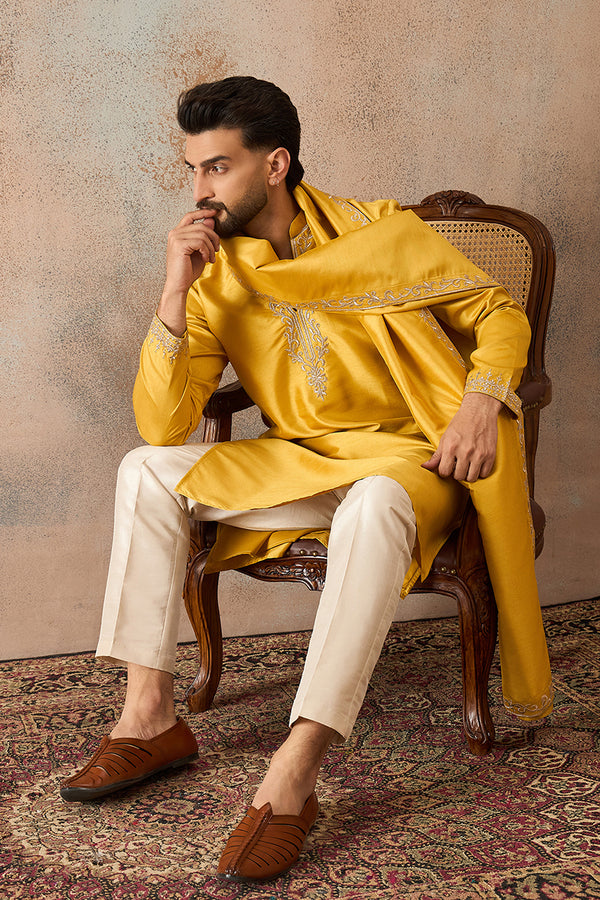 Yellow Silk Blend Solid Embroidered Kurta & Trouser With Dupatta MKPD1022