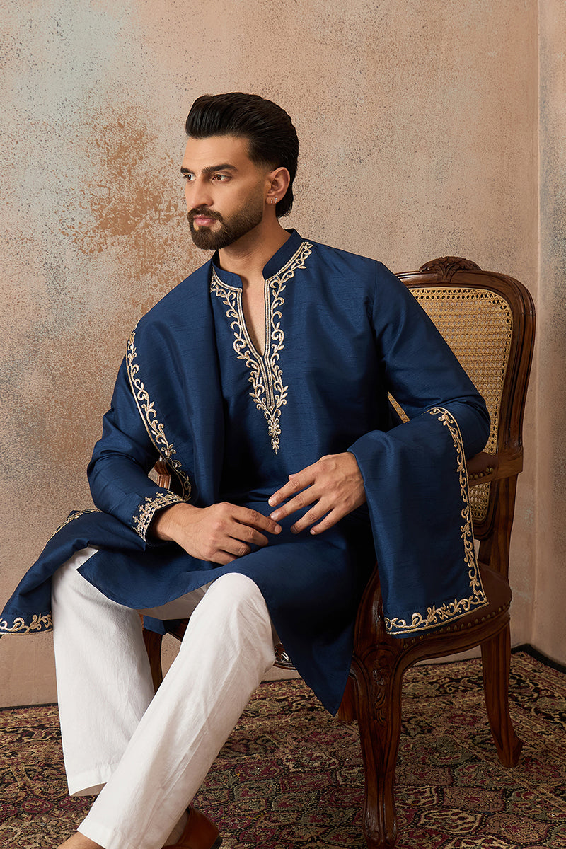 Blue Silk Blend Solid Embroidered Kurta & Trouser With Dupatta MKPD1020
