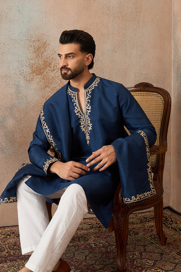 Blue Silk Blend Solid Embroidered Kurta & Trouser With Dupatta MKPD1020