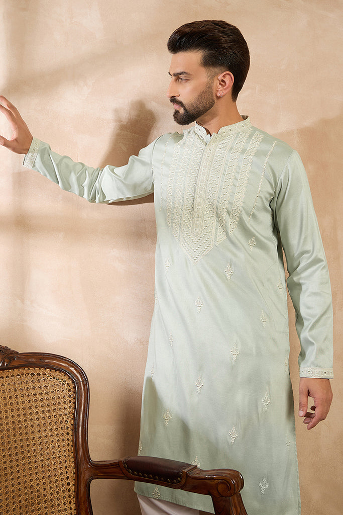 Green Silk Blend Geometric Embroidered Straight Kurta With Trouser MKSET1686
