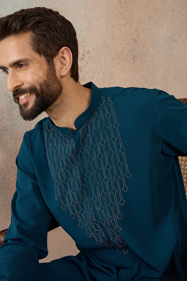 Blue Silk Blend Ethnic Motifs Printed Kurta With Trouser MKSET2389