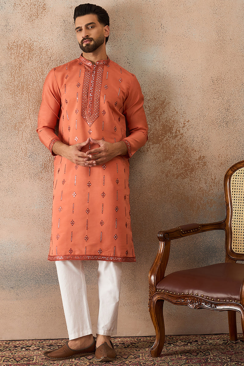 Orange Silk Blend Solid Embroidered Kurta With Trouser MKSET2258