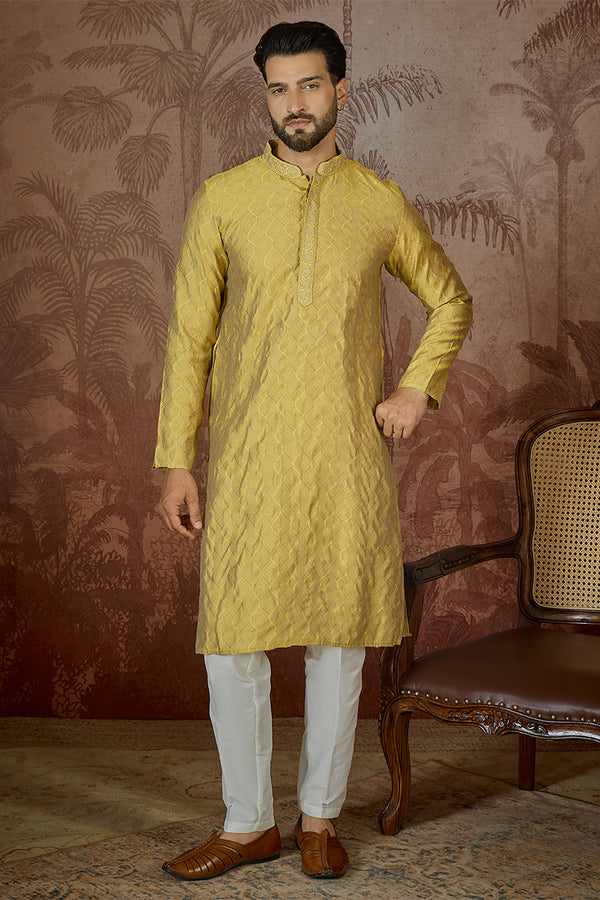 Yellow Jacquard Solid Embroidered Kurta With Trouser MKSET2501
