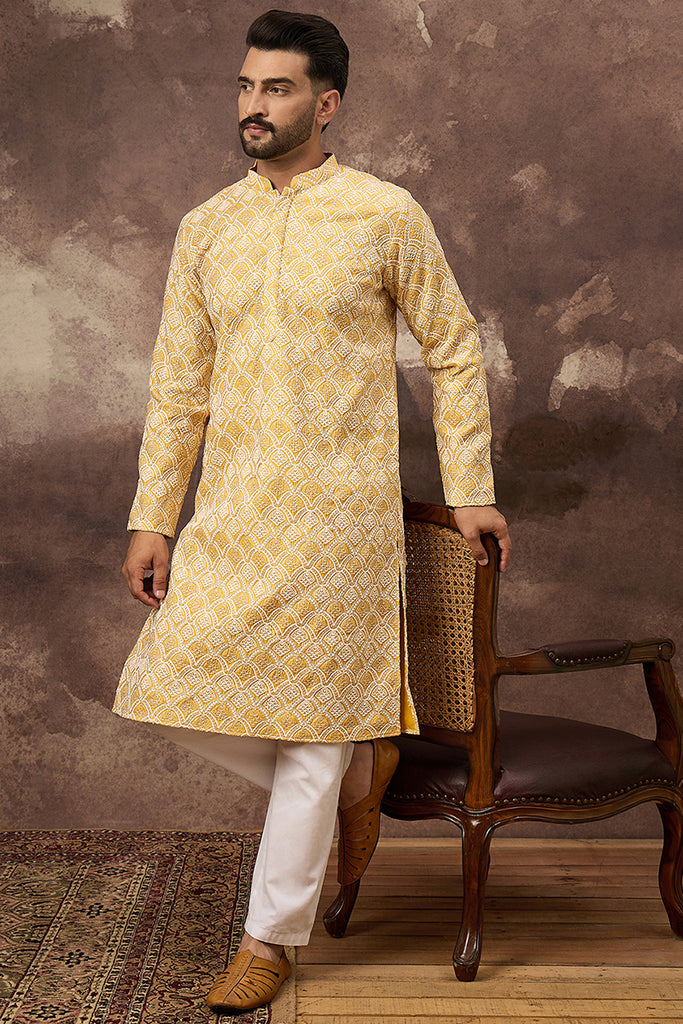 Yellow Viscose Rayon Solid Embroidered Straight Kurta with Trouser MKSET1385