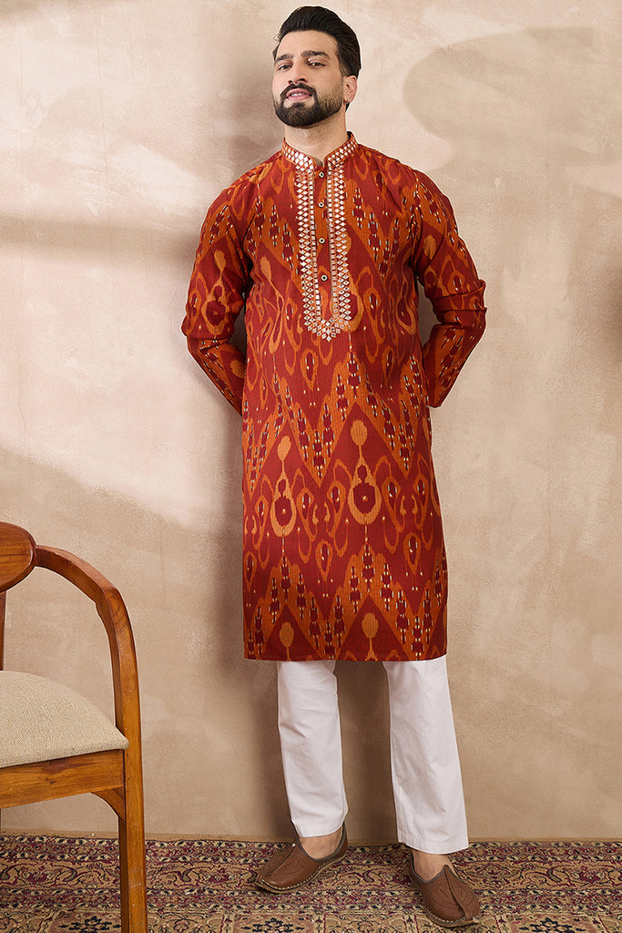 Orange Silk Blend Chevron Printed Straight Kurta With Trouser MKSET1964