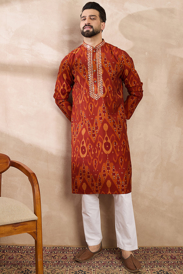 Orange Silk Blend Chevron Printed Straight Kurta With Trouser MKSET1964