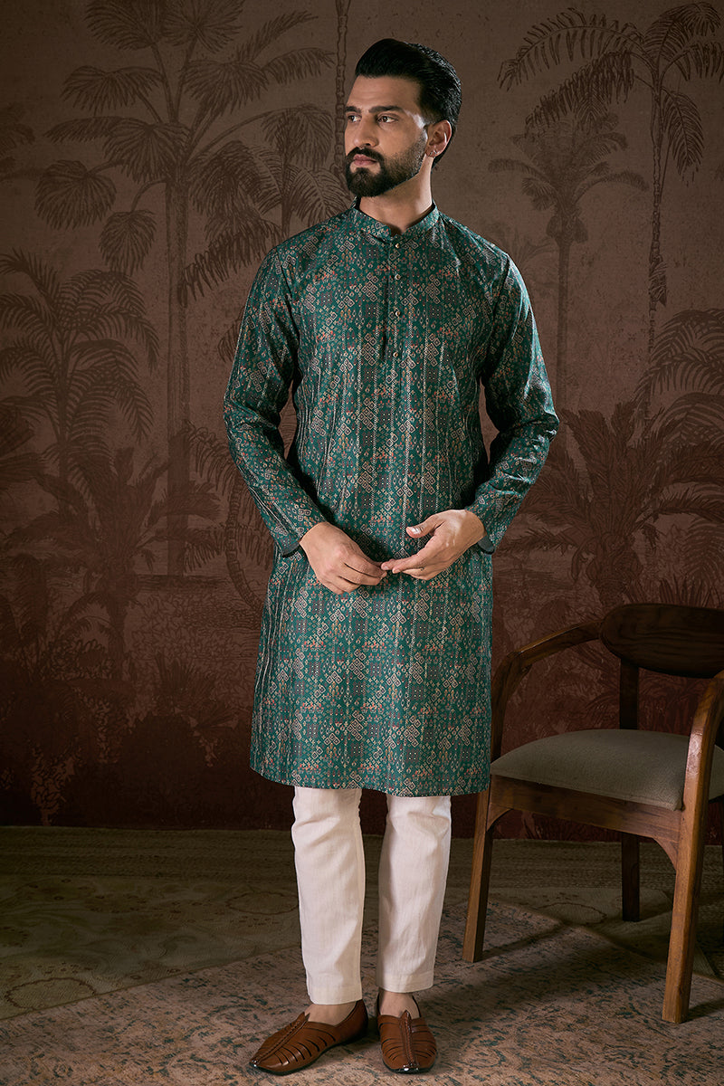 Sea Green Silk Blend Ethnic Motifs Printed Straight Kurta MKU1927