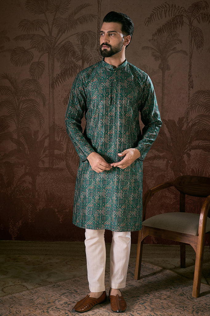Sea Green Silk Blend Ethnic Motifs Printed Straight Kurta MKU1927