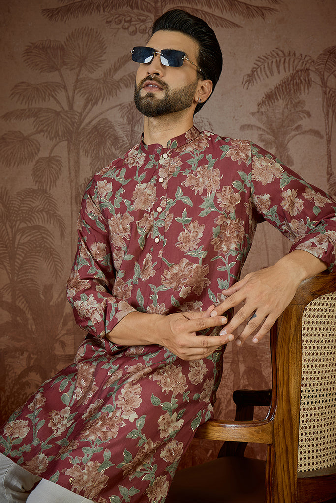 Maroon Silk Blend Floral Printed Kurta With Trouser MKSET2541