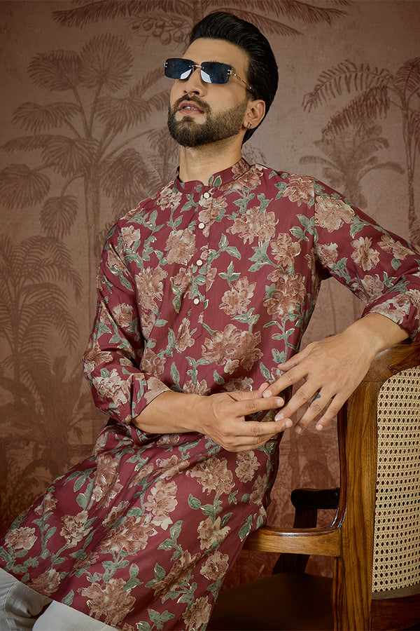 Maroon Silk Blend Floral Printed Kurta With Trouser MKSET2541