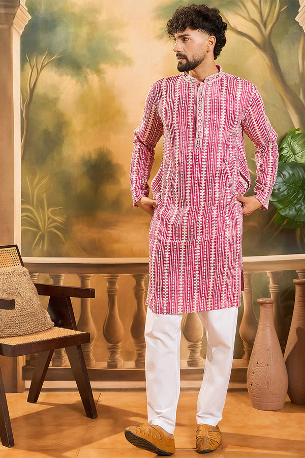 Red Viscose Rayon Embroidered Kurta With Trousers MKSET1413