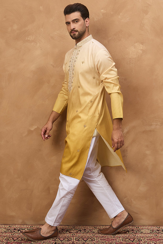 Yellow Silk Blend Solid Embroidered Straight Kurta MKU1486