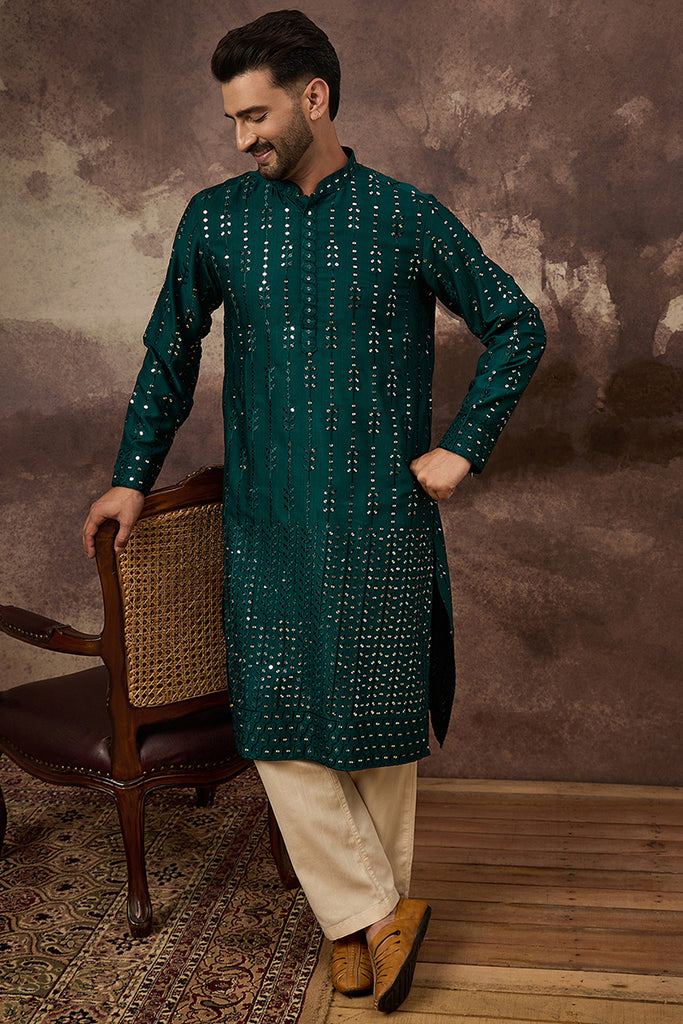 Teal Silk Blend Solid Embroidered Straight Kurta With Pant Set MKSET1357