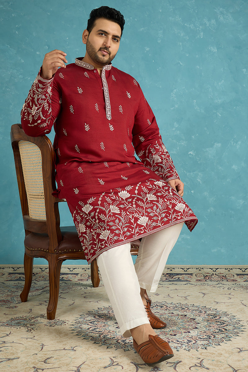 Maroon Silk Blend Solid Thread Work Embroidered Kurta MKU1945