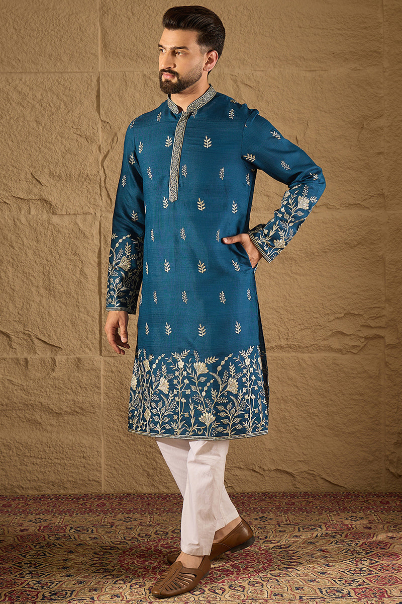 Blue Chanderi Silk Solid Embroidered Straight Kurta with Trouser MKSET1315