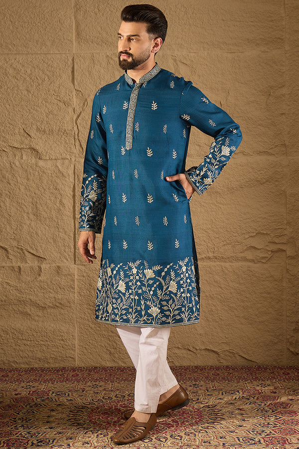 Blue Chanderi Silk Solid Embroidered Straight Kurta with Trouser MKSET1315