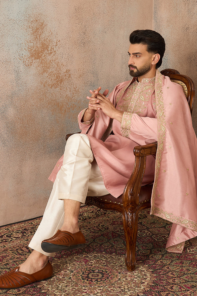 Pink Zari Embroidered Silk Blend Kurta with Dupatta MKUD1045