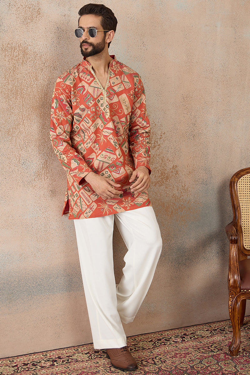 Coral Silk Blend Abstract Embroidered Kurta With Trouser MKSET2458