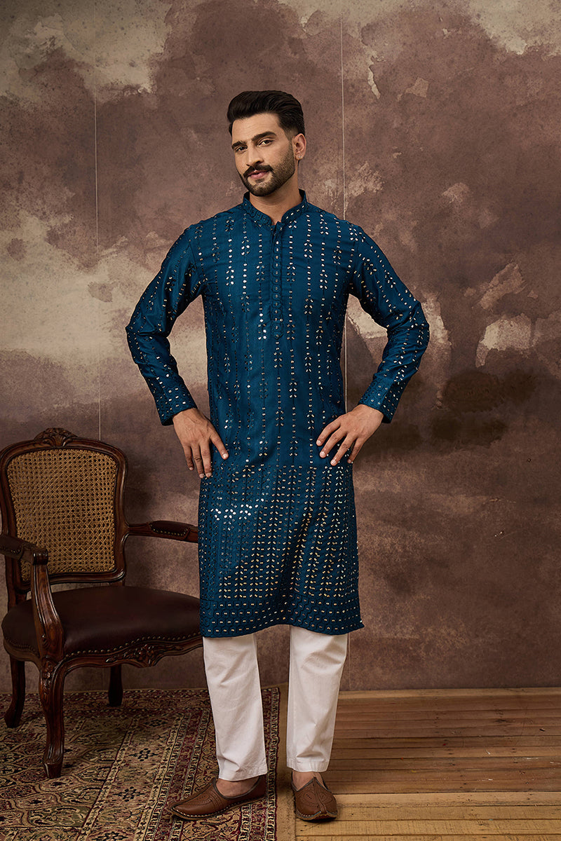 Blue Silk Blend Solid Embroidered Straight Kurta With Pant Set MKSET1358