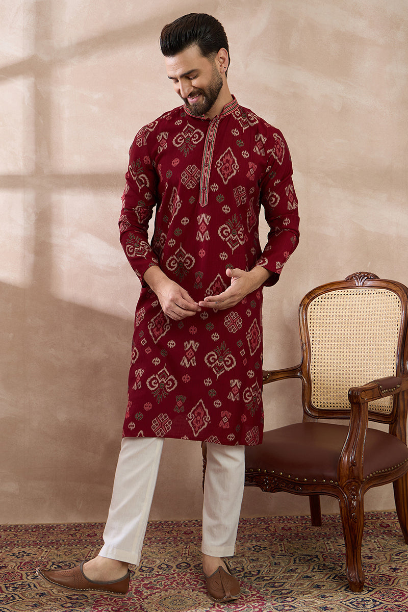 Red Silk Blend Printed Mandarin Collar Straight Kurta MKU1988