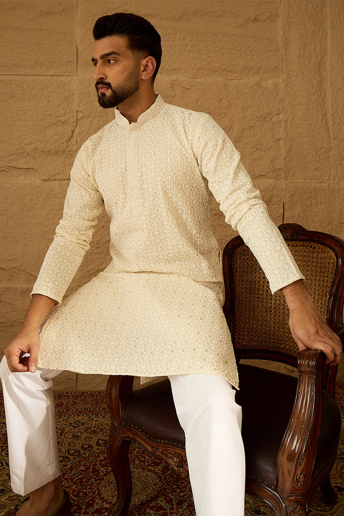 Off White Cotton Solid Printed Straight Kurta with Trouser MKSET1701