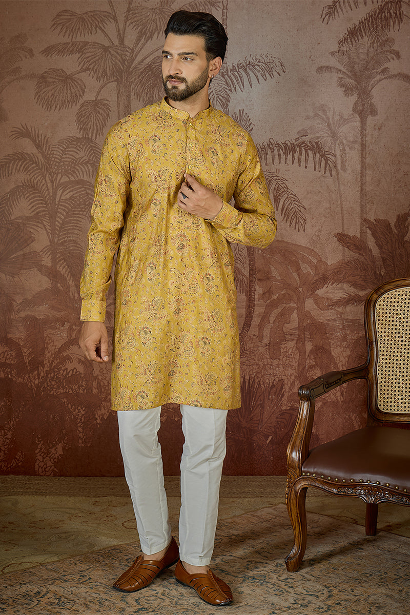 Mustard Silk Blend Ethnic Motifs Printed Kurta MKU2559