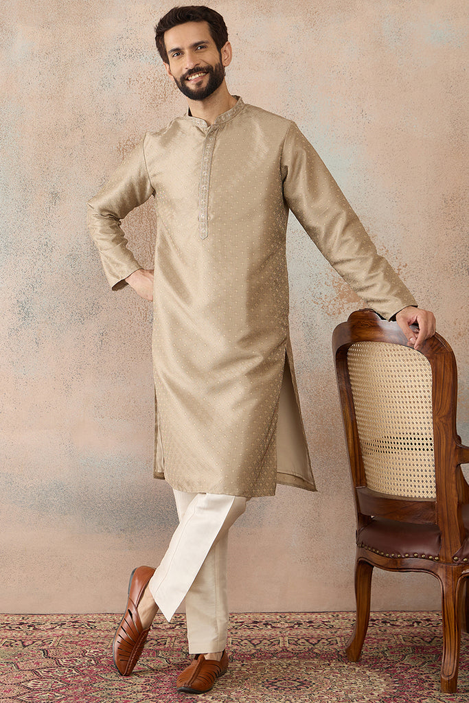 Beige Silk Blend Embroidered Solid Straight Kurta with Trousers  MKSET2326