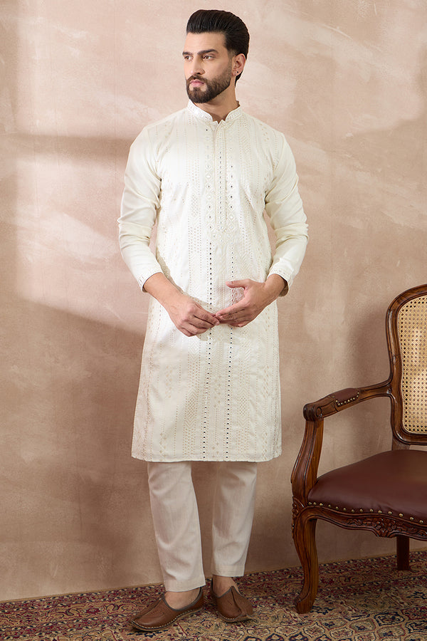 White Silk Blend Embroidered Mandarin Collar Straight Kurta With Trouser MKSET1891