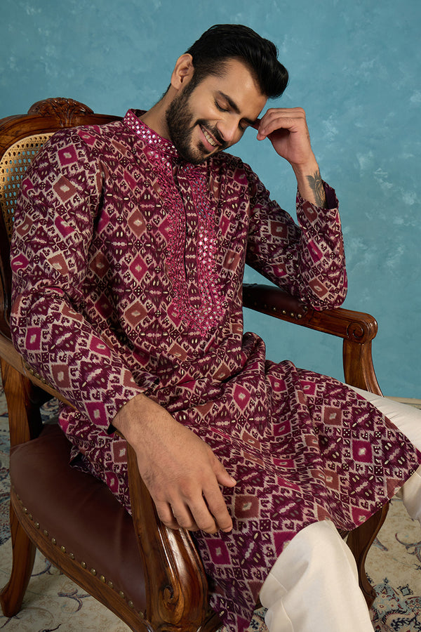 Purple Silk Blend Ethnic Motifs Ikat Printed Kurta MKU1895