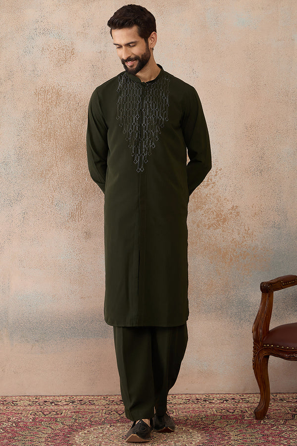 Green Silk Blend Ethnic Motifs Printed Kurta With Trouser MKSET2391