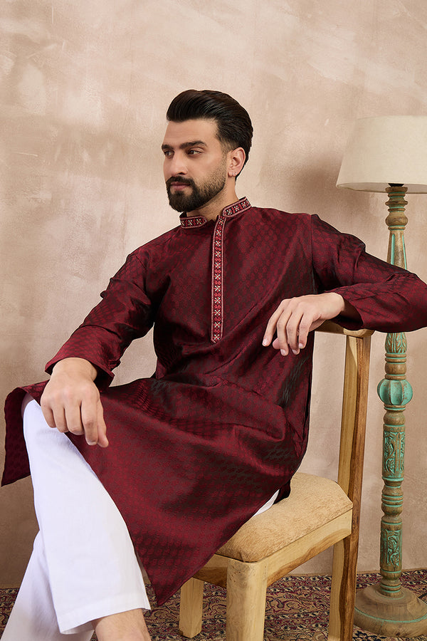 Maroon Silk Blend Solid Woven Design Straight Kurta With Trouser MKSET1896