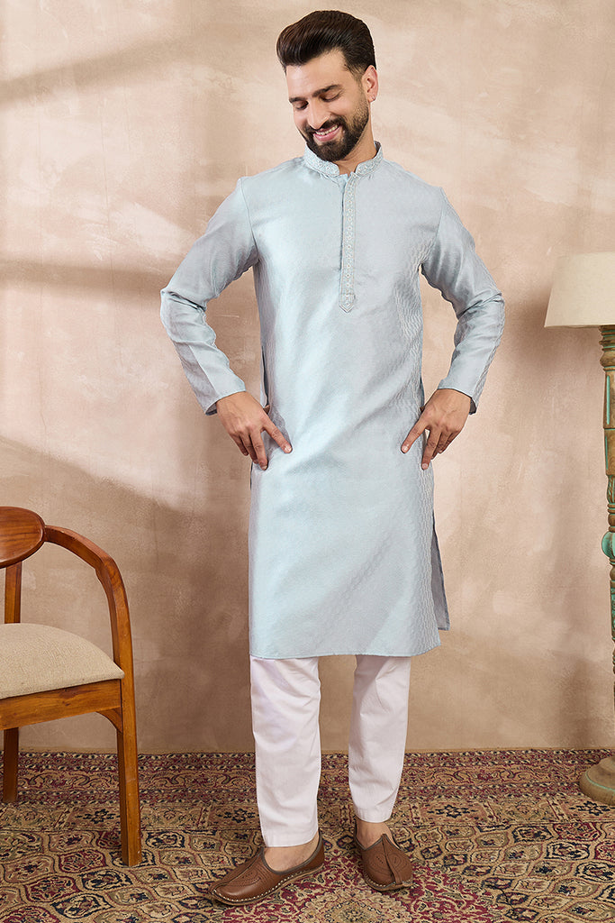 Blue Silk Blend Solid Woven Design Straight Kurta With Trouser MKSET1899