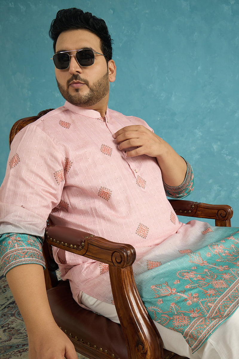 Peach Silk Blend Geometric Sequins Printed Kurta MKU2348