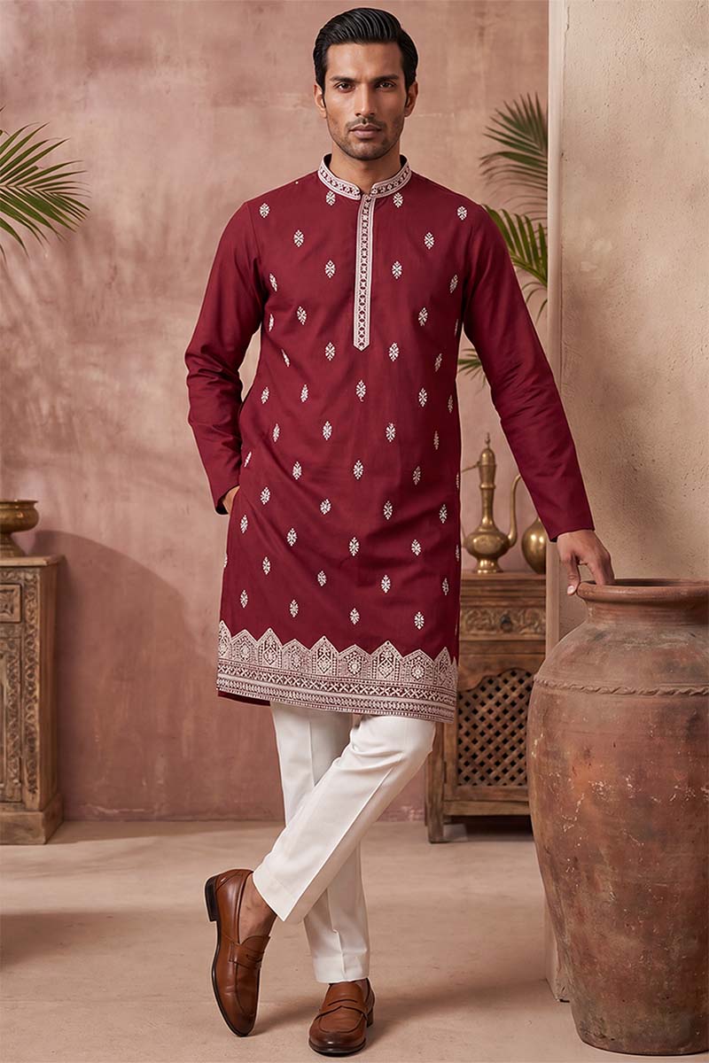 Silk Blend Maroon Solid Embroidered Calf Length Straight Kurta With Trousers MKSET2270