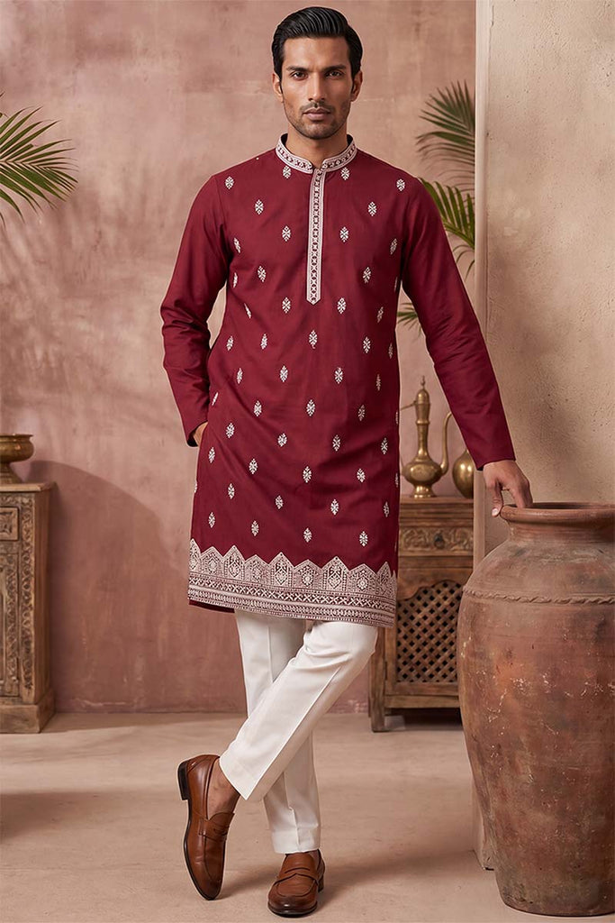 Silk Blend Maroon Solid Embroidered Calf Length Straight Kurta With Trousers MKSET2270