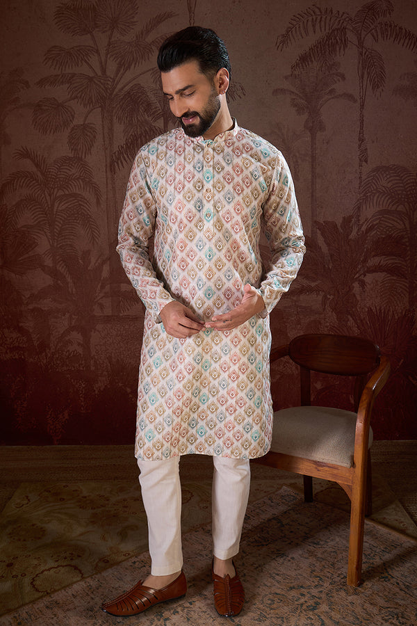White Silk Blend Ethnic Motifs Printed Straight Kurta MKU1924